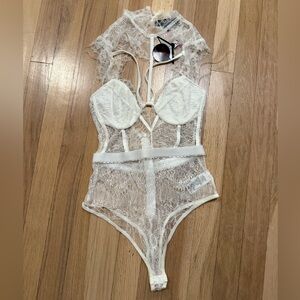 NWT White Sheer Lace Strappy Bustier Bodysuit